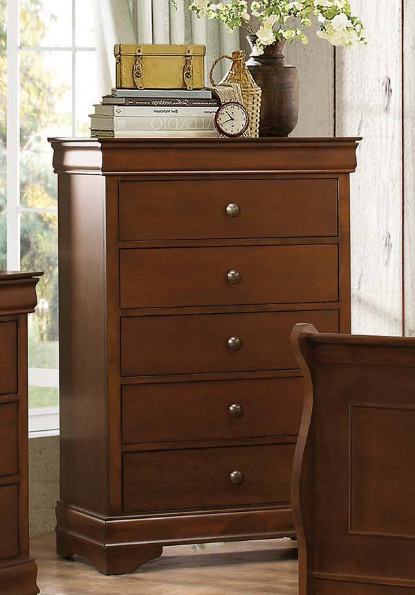 benzara Transitional Style Wooden Chest With 5 Drawers Cherry Brown