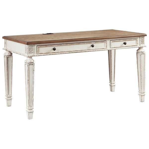 Benzara Transitional Wooden Office Desk With Carvings And Drawers White And Brown - BM213260