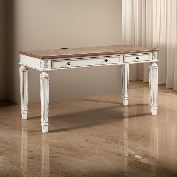 benzara Transitional Wooden Office Desk with Carvings and Drawers White and Brown - BM213260