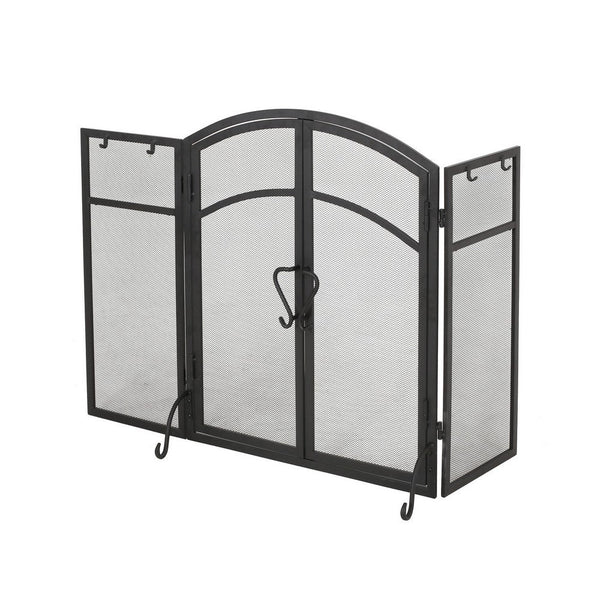 Benzara Tri Fold Fireplace Screen With 4 Pcs Tool Set Fine Mesh Black Doors -BM325004