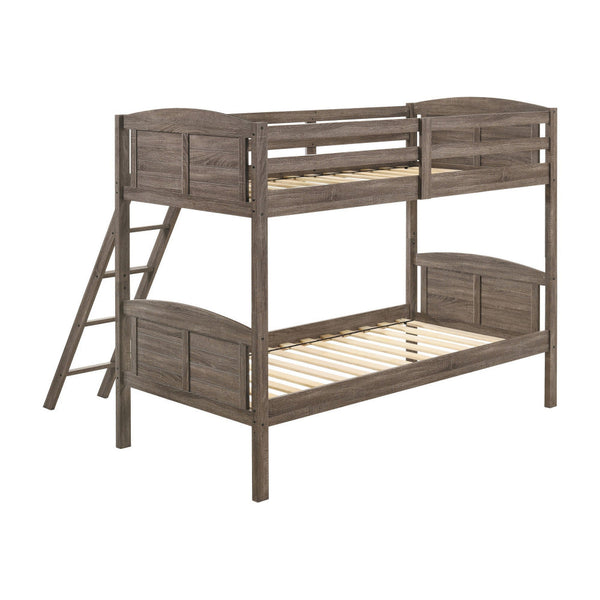Benzara Twin Over Twin Bunk Beds Curved Headboards Ladder Straight Legs Brown - BM296680