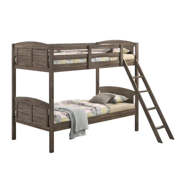 Benzara Twin Over Twin Bunk Beds Curved Headboards Ladder Straight Legs Brown - BM296680