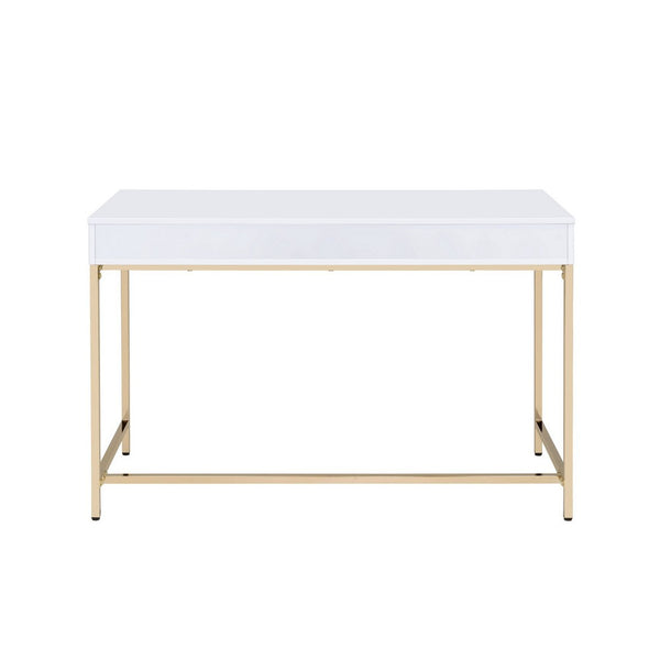 Benzara Two Drawers Wooden Desk With Tubular Metal Base White And Gold - BM194312