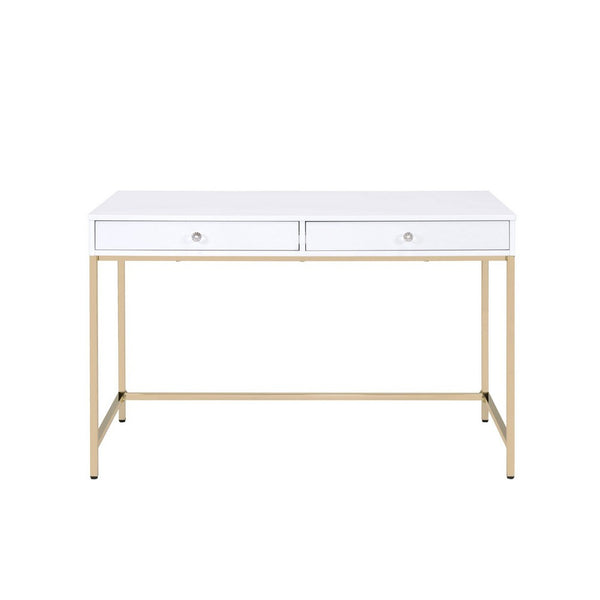 Benzara Two Drawers Wooden Desk With Tubular Metal Base White And Gold - BM194312