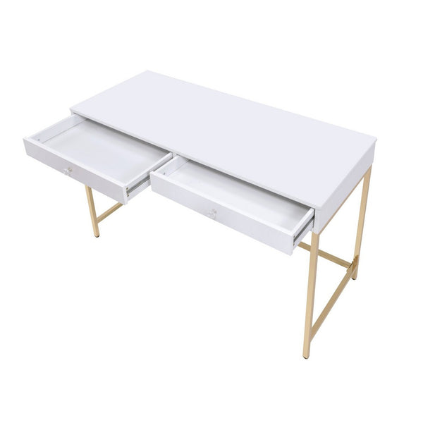 Benzara Two Drawers Wooden Desk With Tubular Metal Base White And Gold - BM194312