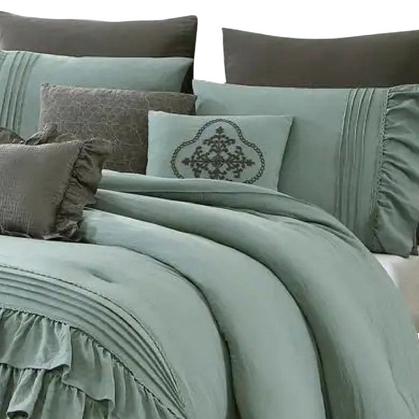 Benzara Tyler 8 Piece Ruffled King Size Comforter Set The Urban Port Green Gray - BM277111