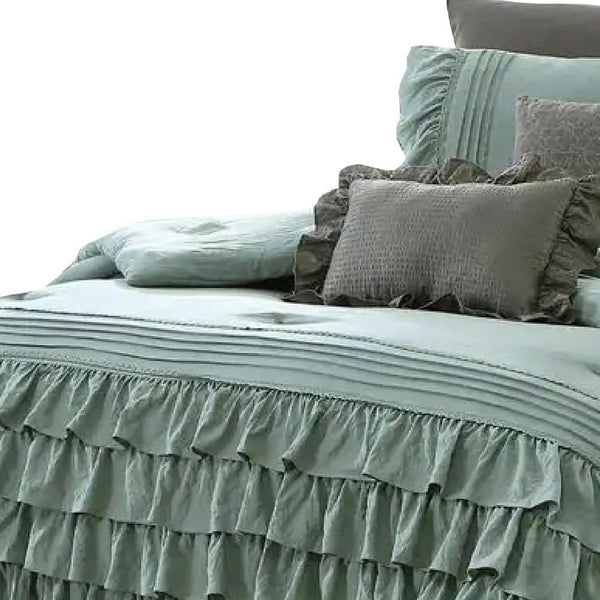 Benzara Tyler 8 Piece Ruffled King Size Comforter Set The Urban Port Green Gray - BM277111