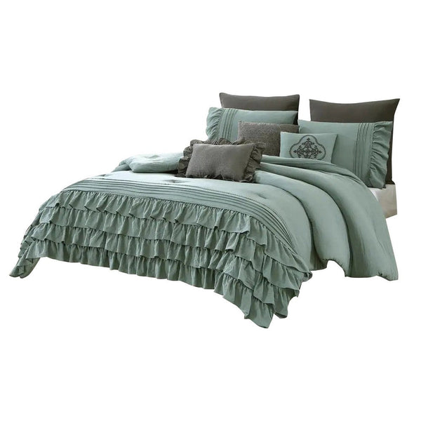 benzara Tyler 8 Piece Ruffled King Size Comforter Set The Urban Port Green Gray - BM277111
