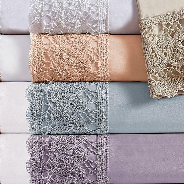 Benzara Udine 4 Piece Queen Size Microfiber Sheet Set With Crochet Lace Pink - BM202395