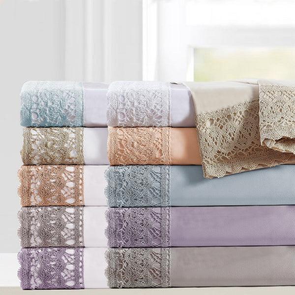 Benzara Udine 4 Piece Queen Size Microfiber Sheet Set With Crochet Lace Blue - BM202398
