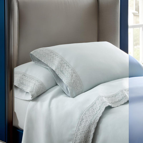 benzara Udine 4 Piece Queen Size Microfiber Sheet Set with Crochet Lace Blue - BM202398