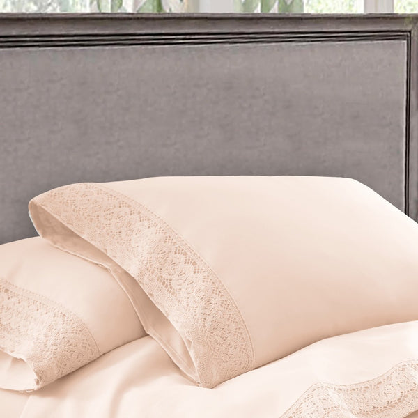 benzara Udine 4 Piece Queen Size Microfiber Sheet Set with Crochet Lace Pink - BM202395