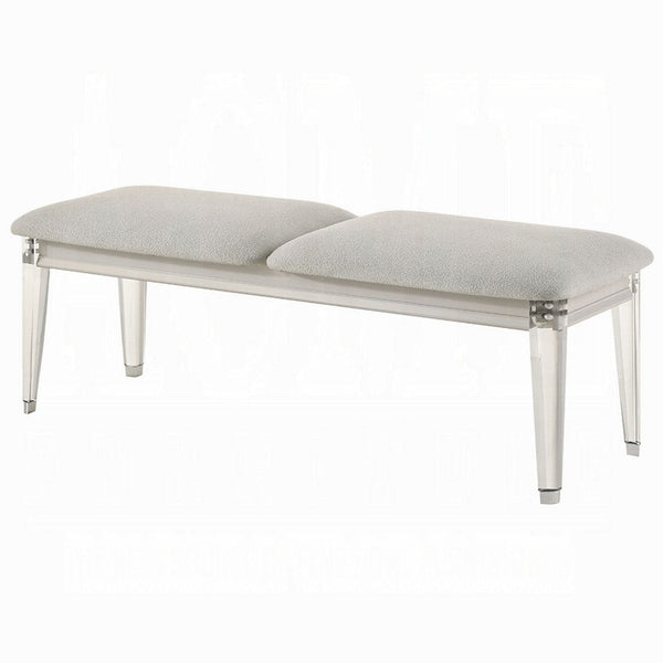 Benzara Veda Accent Bench Light Gray Boucle Pearl White Wood Finish 54 Inch -BM333140