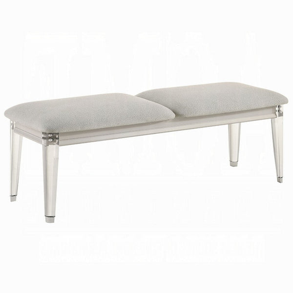 benzara Veda Accent Bench Light Gray Boucle Pearl White Wood Finish 54 Inch -BM333140