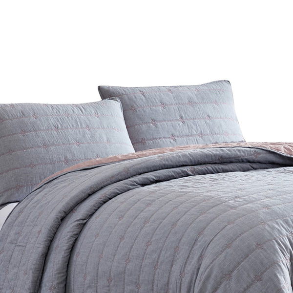 Benzara Veria 3 Piece King Quilt Set With Channel Stitching Gray And Pink - BM249995