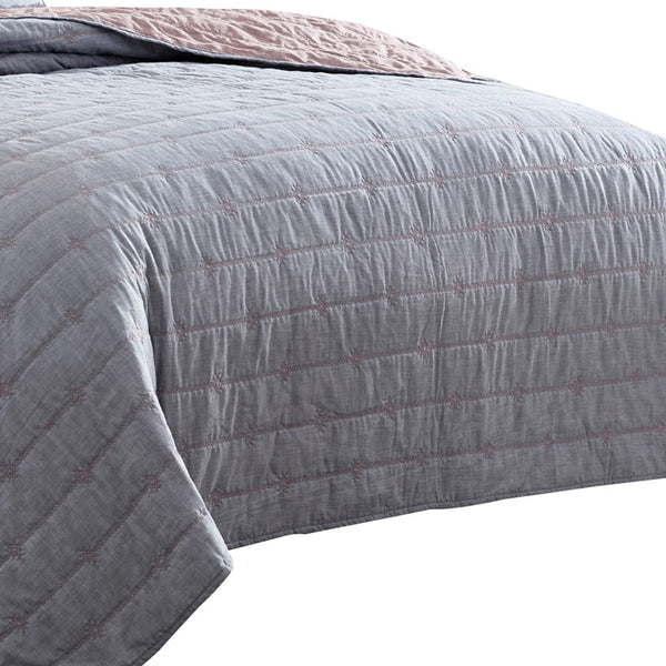 Benzara Veria 3 Piece King Quilt Set With Channel Stitching Gray And Pink - BM249995