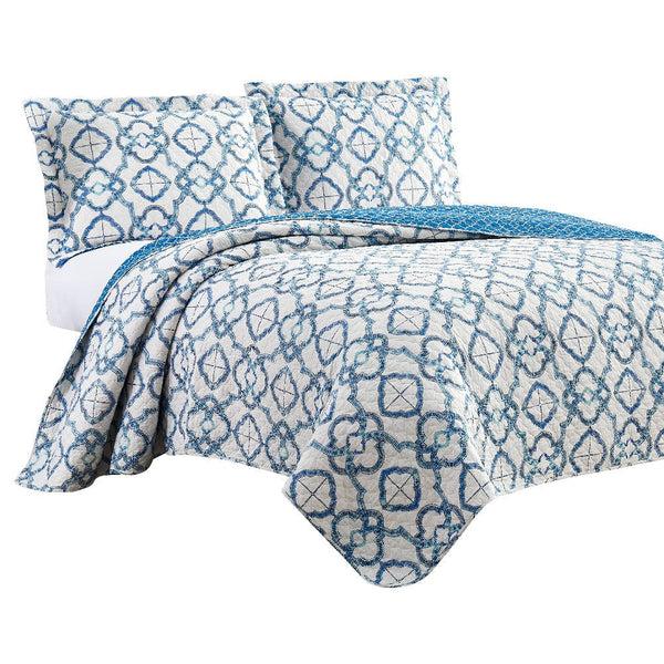benzara Veria 3 Piece King Quilt Set with Embroidery White and Blue - BM250151