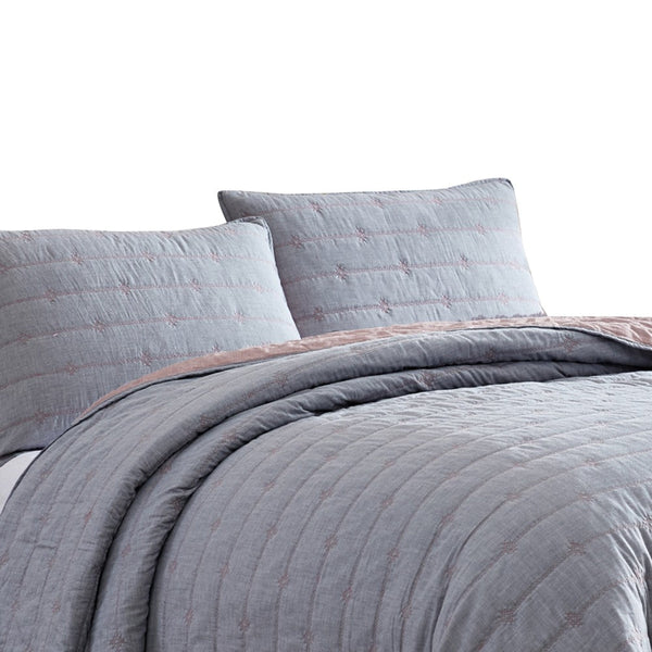 Benzara Veria 3 Piece Queen Quilt Set With Channel Stitching Gray And Pink - BM249994