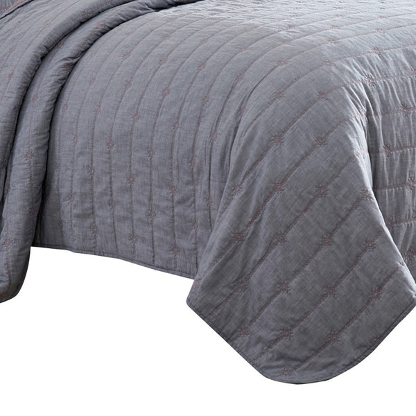 Benzara Veria 3 Piece Queen Quilt Set With Channel Stitching Gray And Pink - BM249994