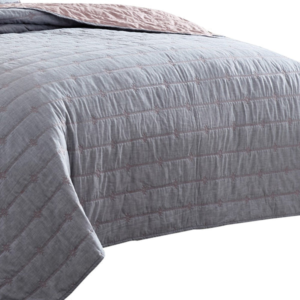 Benzara Veria 3 Piece Queen Quilt Set With Channel Stitching Gray And Pink - BM249994
