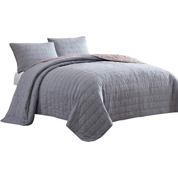 benzara Veria 3 Piece Queen Quilt Set with Channel Stitching Gray and Pink - BM249994