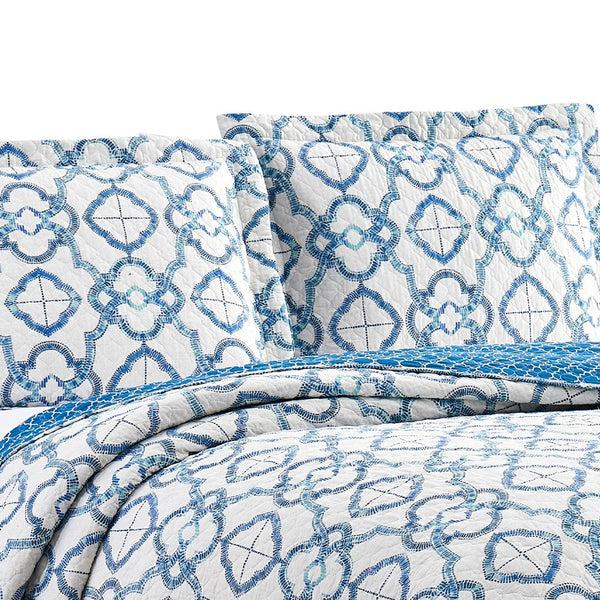 Benzara Veria 3 Piece Queen Quilt Set With Embroidery The Urban Port White And Blue - BM250133