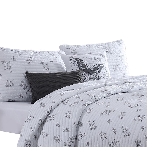 Benzara Veria 5 Piece King Quilt Set With Floral Print The Urban Port White And Gray - BM250009