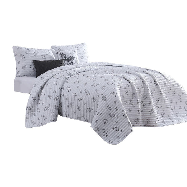 benzara Veria 5 Piece King Quilt Set with Floral Print The Urban Port White and Gray - BM250009