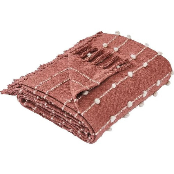 Benzara Veria 60 X 70 Cotton Throw With Pompom Stripe Design The Urban Port Red - BM269184