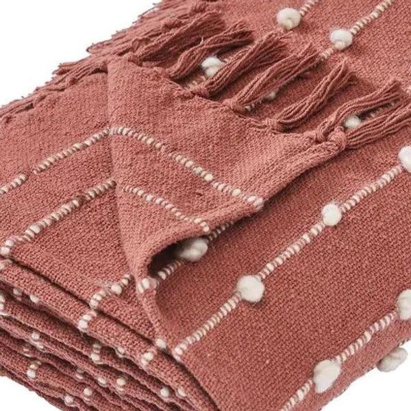 Benzara Veria 60 X 70 Cotton Throw With Pompom Stripe Design The Urban Port Red - BM269184