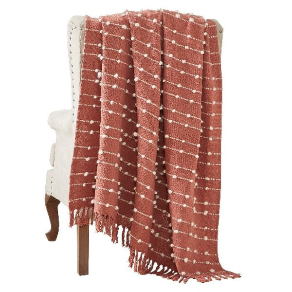 benzara Veria 60 x 70 Cotton Throw with Pompom Stripe Design The Urban Port Red - BM269184