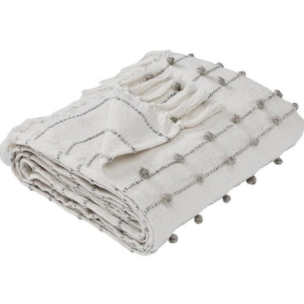 Benzara Veria 60 X 70 Cotton Throw With Pompom Stripe Design The Urban Port Cream - BM269181