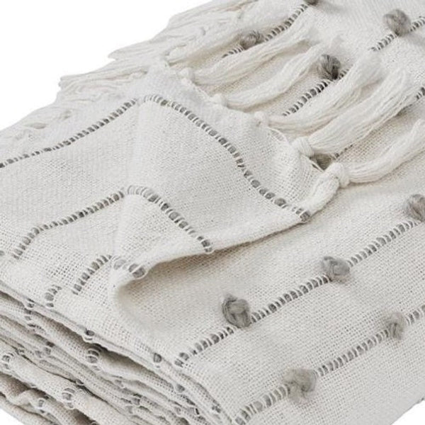 Benzara Veria 60 X 70 Cotton Throw With Pompom Stripe Design The Urban Port Cream - BM269181