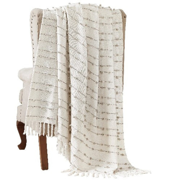 benzara Veria 60 x 70 Cotton Throw with Pompom Stripe Design The Urban Port Cream - BM269181