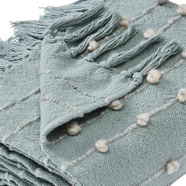Benzara Veria 60 X 70 Cotton Throw With Pompom Stripe Design The Urban Port Mint Green - BM269183