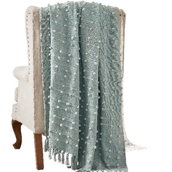 benzara Veria 60 x 70 Cotton Throw with Pompom Stripe Design The Urban Port Mint Green - BM269183