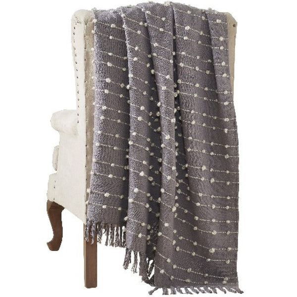 benzara Veria 60 x 70 Cotton Throw with Pompom Stripe Design The Urban Port Gray - BM269182