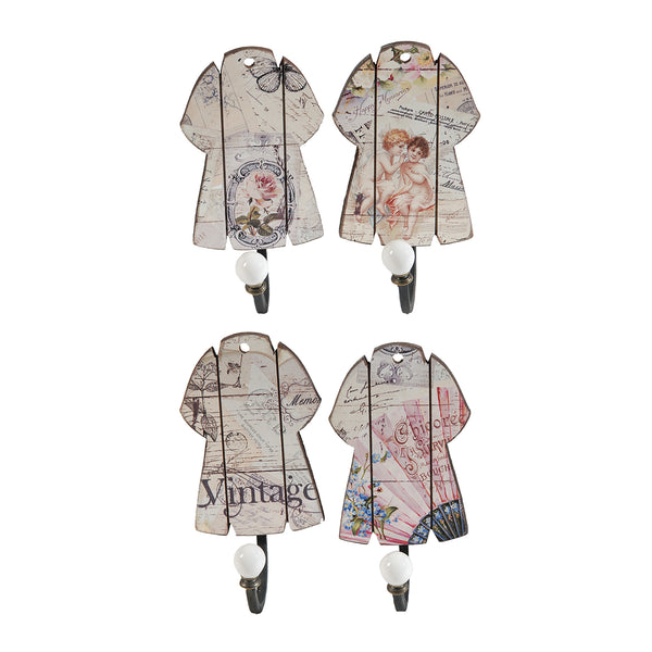 benzara Vintage Print Wall Decor with Four Metal Hooks Set of 4 Multicolor - BM202247