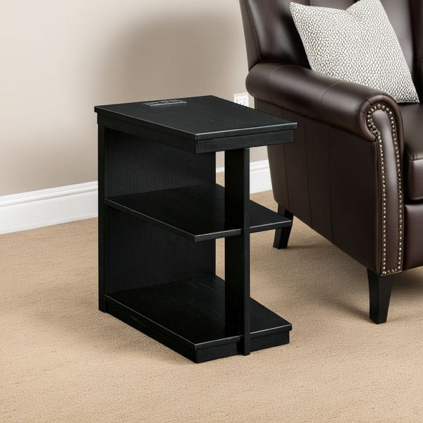 benzara Wendy Chairside End Table 2 Shelves USB Port 21 Inch Black Wood -BM327387