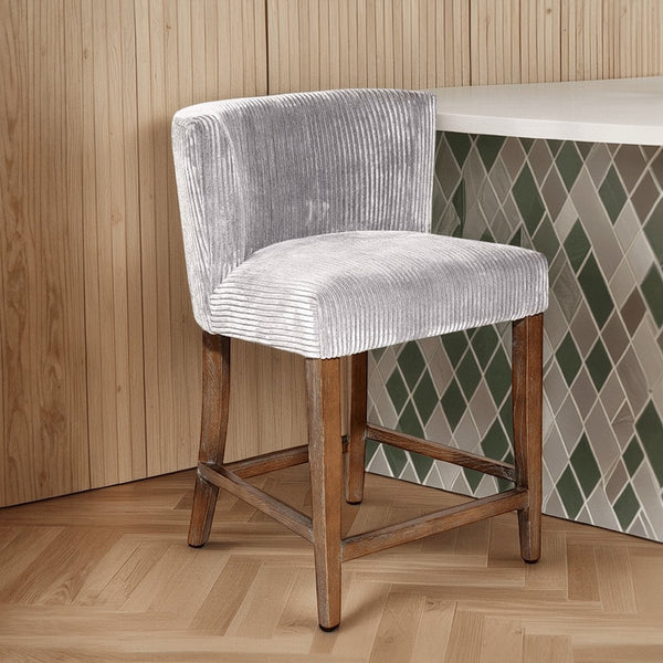 benzara Wesy Counter Stool Chair Light Gray Ribbed Fabric Natural Oak Wood -BM326782