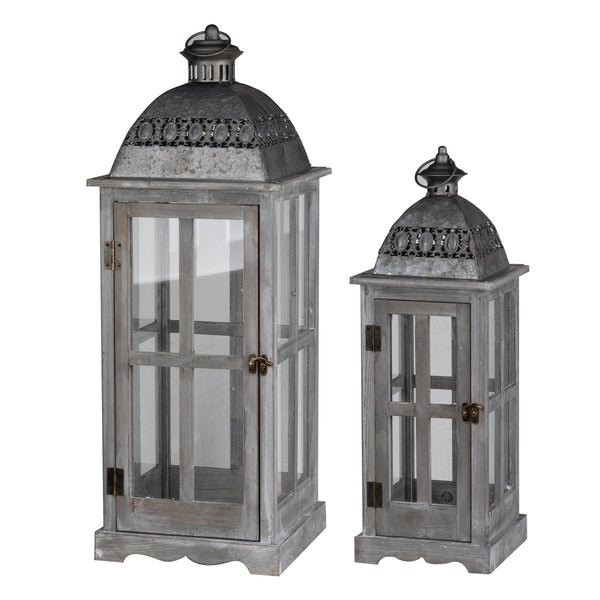 Benzara Wood And Metal Lanterns With Glass Window Pane Design Gray Set Of 2 - BM200911