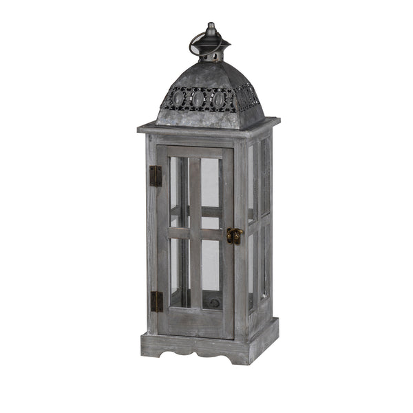 Benzara Wood And Metal Lanterns With Glass Window Pane Design Gray Set Of 2 - BM200911