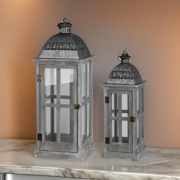 benzara Wood and Metal Lanterns with Glass Window Pane Design Gray Set of 2 - BM200911