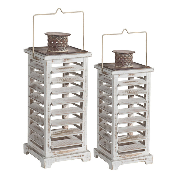 Benzara Wood And Metal Lanterns With Louvered Design White Set Of 2 - BM200913