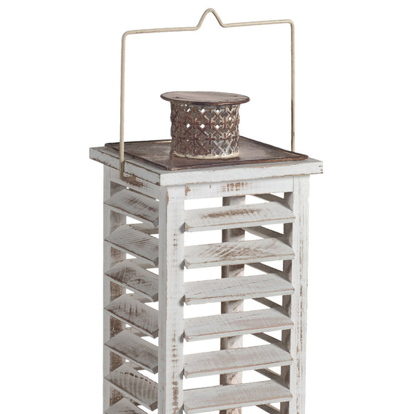 Benzara Wood And Metal Lanterns With Louvered Design White Set Of 2 - BM200913