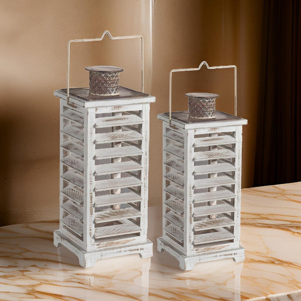 benzara Wood and Metal Lanterns with Louvered Design White Set of 2 - BM200913
