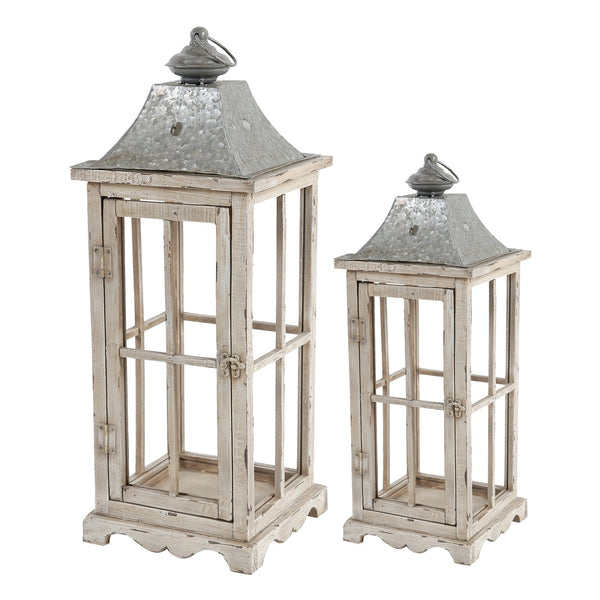 Benzara Wood And Metal Lanterns With Window Pane Design White Set Of 2 - BM200914