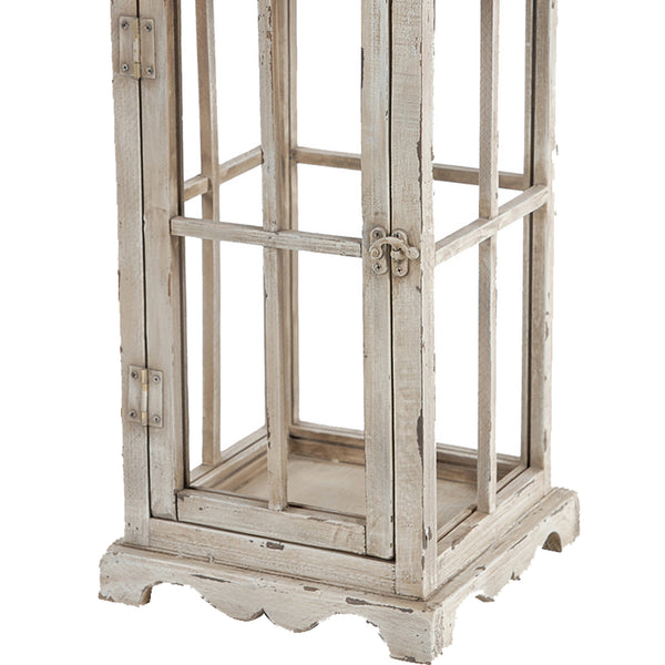 Benzara Wood And Metal Lanterns With Window Pane Design White Set Of 2 - BM200914