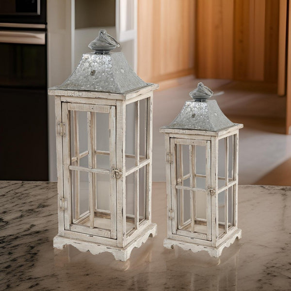 benzara Wood and Metal Lanterns with Window Pane Design White Set of 2 - BM200914
