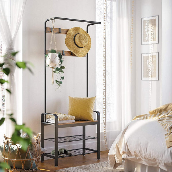 benzara Wood and Metal Tubular Frame Hall Tree with 9 Hooks Rustic Brown and Black - BM195838
